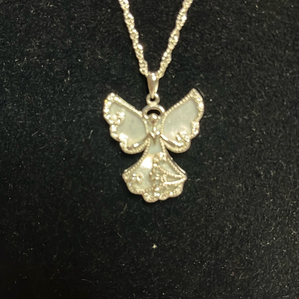 Mother of Pearl and crystal angel necklace .925 sterling silver 16”